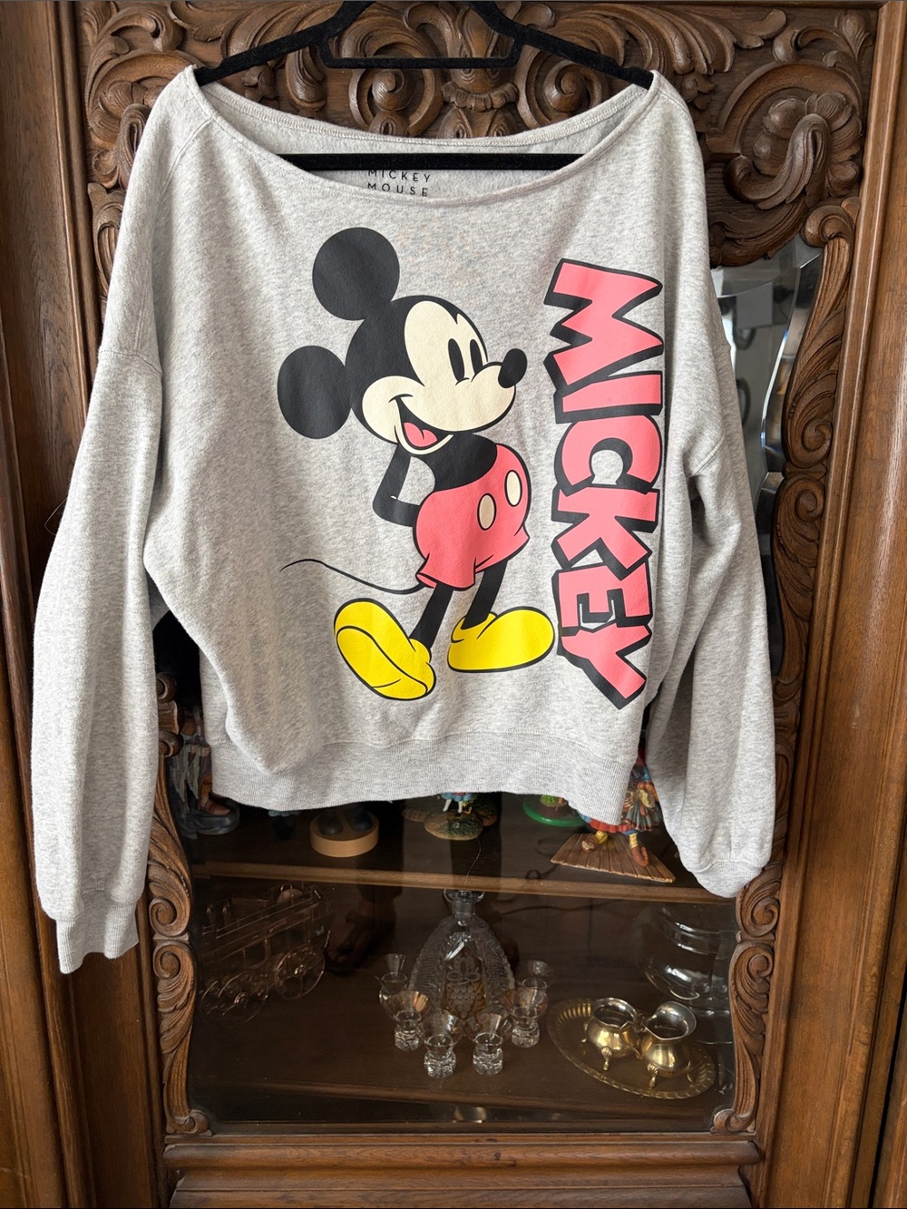 Disney Off-the-Shoulder Gray Mickey Mouse Graphic Sweater with Pink Logo